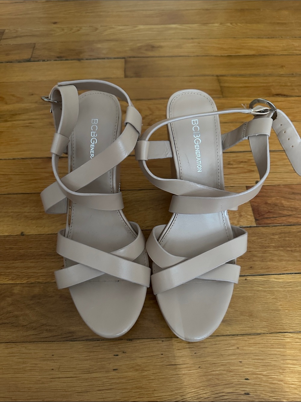 BCBGeneration Blush Pink Strappy Platform Sandals with Chain Trim